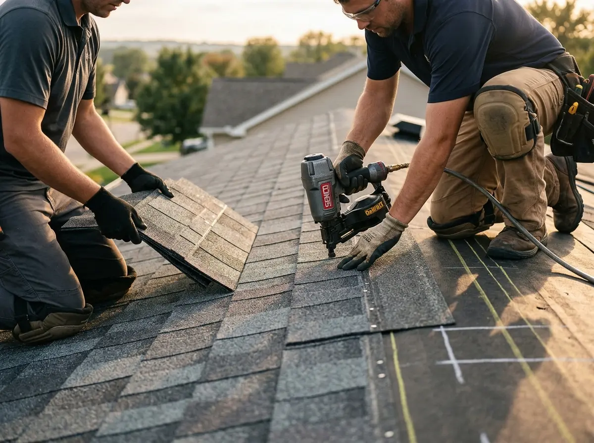 Professional roofer working on a residential roof in Devils Lake